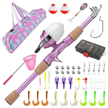 Kids Fishing Pole, Portable Telescopic Kids Fishing Poles for Boys Girls Youth, Fishing Rod and Reel Combo - color: Metallic Pink