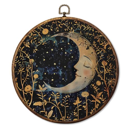 HUGANE Vintage Boho Floral Witchy Crescent Moon Round Wall Art Decor, Dark Academia Cottagecore William Morris Inspired Celestial Hanging Canvas Framed Prints Wall Sculptures for Home, 10x10 Inch - color: Colour-01