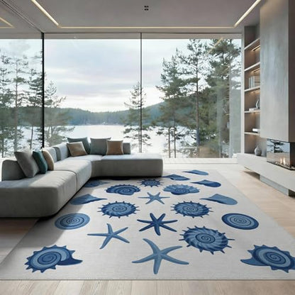 6'x9' Washable Graphic Seashell Area Rug, Blue Non-Shedding Pet Friendly Room Rug Foldable Easy Care Carpet for Queen Size Bedroom, Under Bed, Master Suite | Ref:1952585 - color: Blue/Pattern 50, size: 6' x 9' (Rectangular)