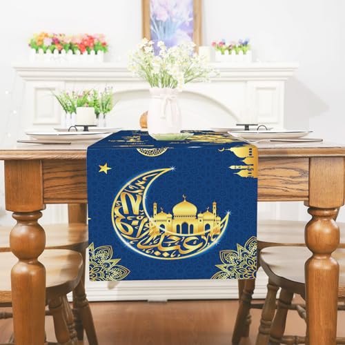 Ramadan Table Runner Blue Gold Moon and Star Ramadan Decorations for Home Eid Mubarak Festival Ramadan Runner Islamic Mosque Lantern Print Door Garland Placemat Holiday Dining Party Table 13 X 72 Inch