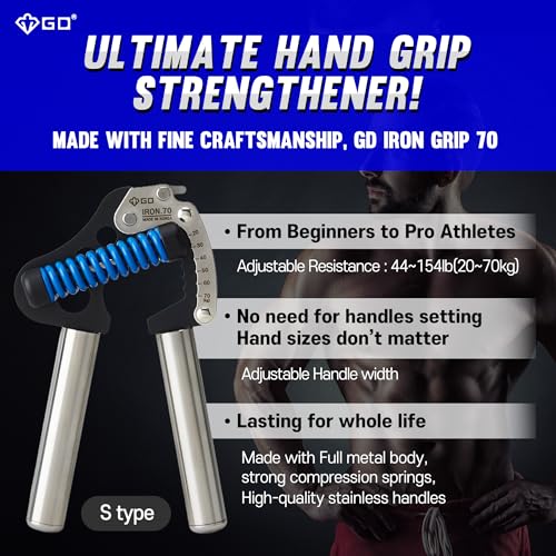 GD IRON GRIP 70 Grip Strength Trainer Hand Gripper Forearm Strengthener | Adjustable 44~154lbs Resistance, hand finger exerciser, forearm trainer squeezer, hand strengthening devices, Metal Hand Grip