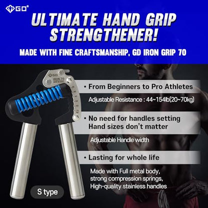 GD IRON GRIP 70 Grip Strength Trainer Hand Gripper Forearm Strengthener | Adjustable 44~154lbs Resistance, hand finger exerciser, forearm trainer squeezer, hand strengthening devices, Metal Hand Grip