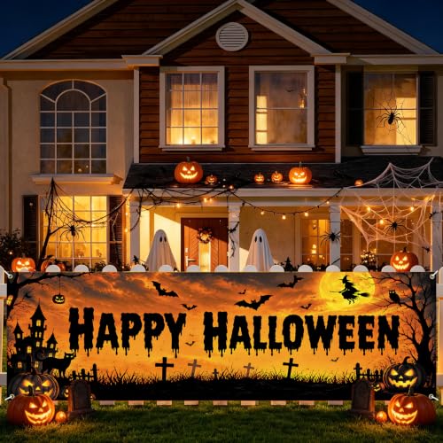 Happy Halloween Fence Banner 118 x 35 Inch, Large Outdoor Halloween Banner with Pumpkin, Bats, Witch, Black Cat, Graveyard Silhouette & Haunted House for Yard Porch Fence Decor - color: 280-1