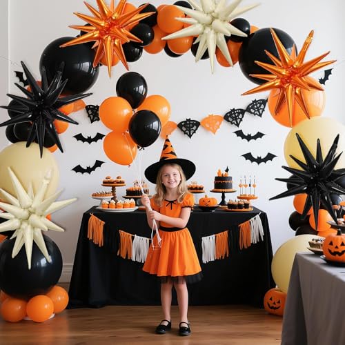 Black Orange Cream White Star Balloons, 6PCS 22 Inch Foil Explosion Balloon - color: Black Orange Cream