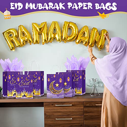 Censen 16 Sets Eid Mubarak Gift Bags with Tissue Paper, Ramadan Goodies Bags for Ramadan Party Supplies Favor (Purple) - color: Purple