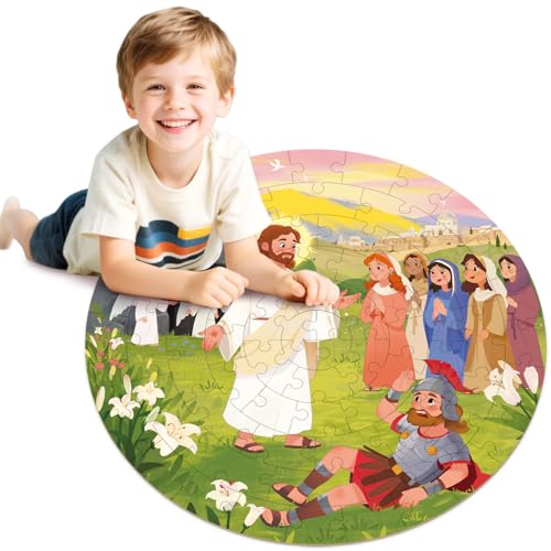 Wooden Easter Puzzle for Kids Ages 3-5, 70 Piece 17.7x17.7 Inches Round Floor Puzzles for Kids Ages 4-8, Bible Themed Christian Religious Easter Gifts for 3 4 5 6 Year Old