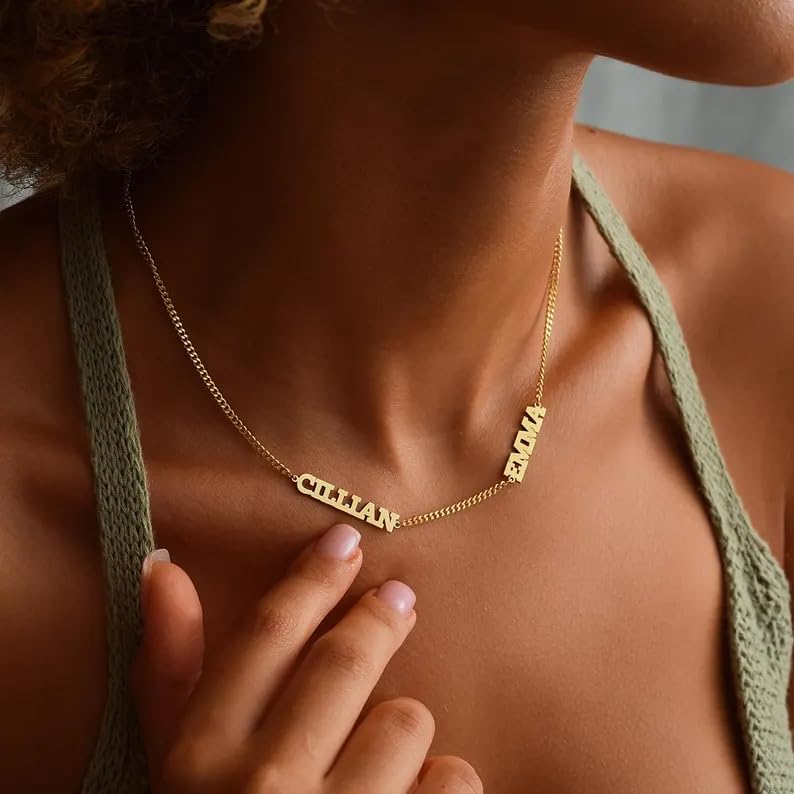 Ajiangwu 18K Gold Plated Name Necklace Personalized,Multiple Custom Name Necklace Family Necklace with Kids Names Customized Choker Necklace for Women - color: 2 Names with Curb Chain