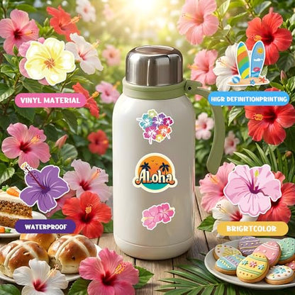150PCS Hibiscus Flower Stickers Tropical Hawaiian Flower Vinyl Decals, Waterproof for Water Bottles Laptop Scrapbook, Luau Stickers for Kids - style: Hibiscus