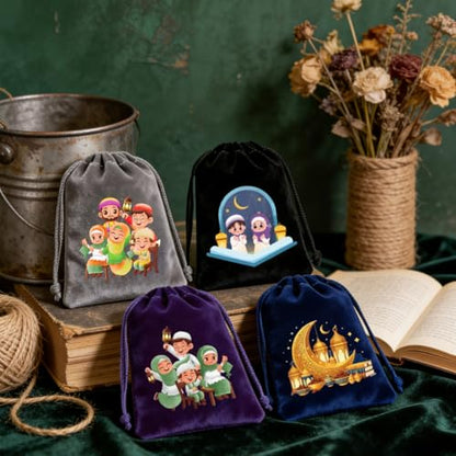 12 Pcs Mini Ramadan Velvet Drawstring Bags,Eid Mubarak Gift Bags Islamic Mosque Moon Star Drawstring Pouches Dice Jewelry Packing Bag for Arabic Muslim Islam Eid al-Adha Party Favor,2.7x 3.5 Inch