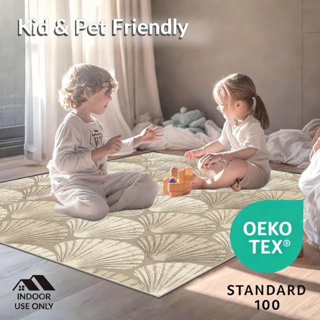 6'x9' Washable Beachy Seashell Area Rug, Beige Non-Shedding Pet Friendly Room Rug Foldable Easy Care Carpet for Queen Size Bedroom, Under Bed, Master Suite | Ref:1886597 - color: Beige/Pattern 25, size: 6' x 9' (Rectangular)