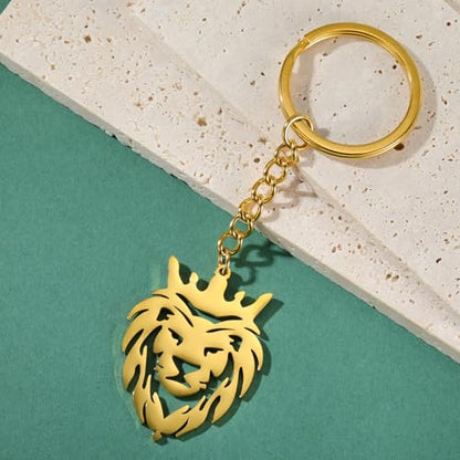 Dreamtimes Lion With King Crown Keychain for Men Stainless Steel Lion Punk Rock Keychain Bag Car Key Pendant Keychain - color: Gold-1