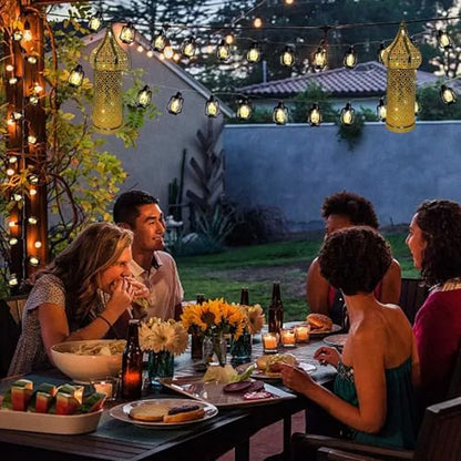 Moroccan Lantern Hollow White LED Wind Lamp Wrought Iron Decorative Ramadan Lantern for Hanging or Table Home, No Battery