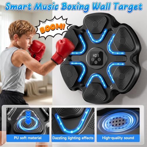 Music Boxing Machine, Interactive Punching Trainer with Boxing Gloves, Large Size Wall Mounted Electronic Boxing Target for Adult Kids, 9 Modes & 9 Speeds - color: ‎black-kid