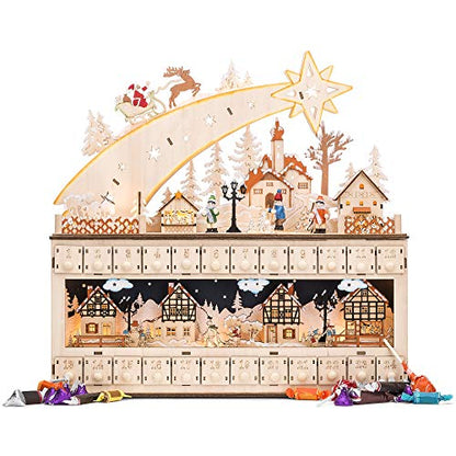Best Choice Products Wooden Christmas Advent Calendar, Shooting Star Holiday Decoration w/Battery-Operated LED Light Background
