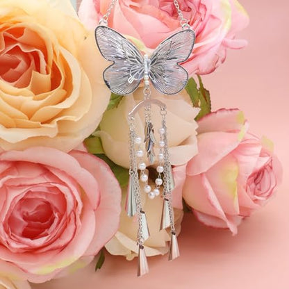 ORIESSE Butterfly Car Decor,Cute Hanging Car Charms for Rear View Mirror,Silver Butterfly Wind Chime Dangling Aesthetic Ornament Pendant for Women