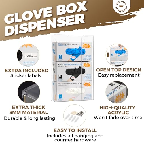 Storage Standard Triple Glove Box Holder Dispenser - Kitchen, Medical, & Latex Glove Holder Wall Mount or Countertop, Universal Fit - Thick Acrylic, Easy to Use, Slide, & Load Open Top Design - Clear - color: Clear - Triple