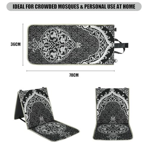 Qianliniuinc Portable Prayer Mat, Foldable Prayer Rug with Back Support, 36x78cm Islamic Prayer Mat, Includes Kufi Hat & 99 Beads Tasbih, Meditation Rug for Muslim, Ramadan Gift Set (Black) - color: Black