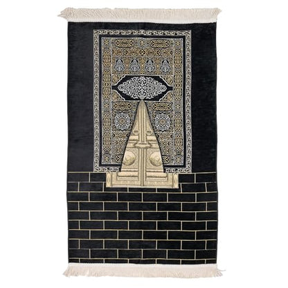 Kaaba Door Islamic Prayer Rug, Embroidered Velvet Janamaz Sajadah - color: Black Kaaba Wall