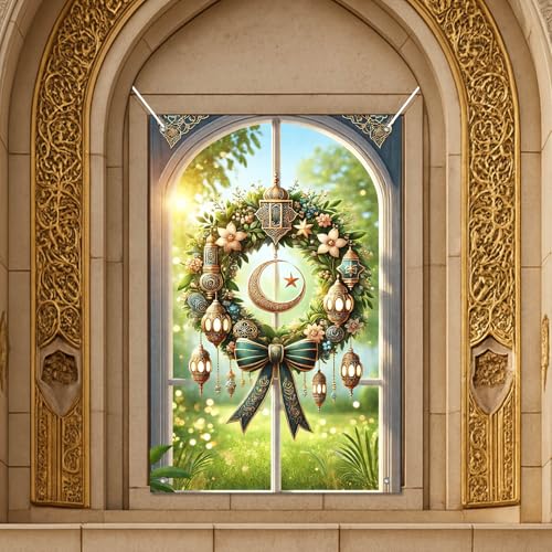 HOMETITUTE Eid Ramadan Window Banners Eid Mubarak Holiday Windows Cover Festival Curtain for Living Room Bedroom 31x47 Inch Moon and Star Window Hanging Festival Windows Backdrop - color: Colorful2
