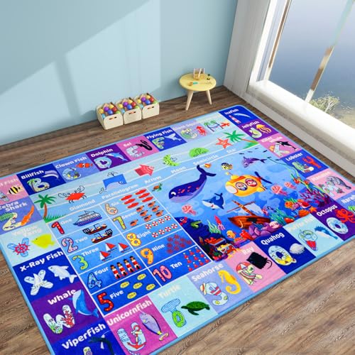 3'3"×5' Interactive Ocean World Learning Rug with ABC, Sea Animals, Numbers & Shapes for & Preschoolers, Washable Non-Slip Carpet for Playroom, Nursery & Homeschool - color: Ocean Animals, size: 39.4 × 59 inches (Rectangular)