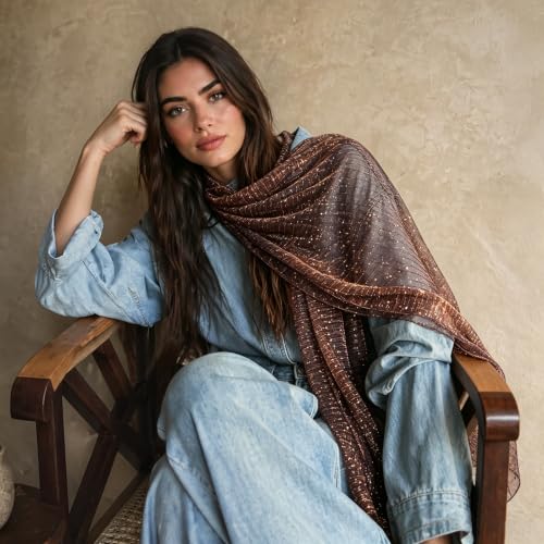 Sequin Scarf for Women Lightweight Mesh Shawl Wrap Bandana Hijab Headscarf for Summer Evening Dress - color: Coffee