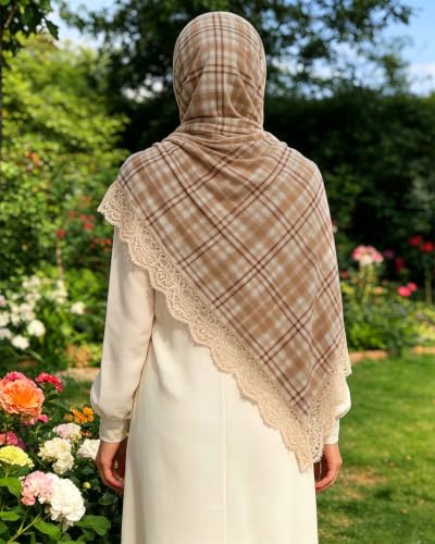 JUMISEE Elegant Floral Lace Hijab Scarf for Women Soft Cotton Head Wrap Instant Hijab Long Scarves Evening Dress Shawl - color: Khaki Plaid Pattern