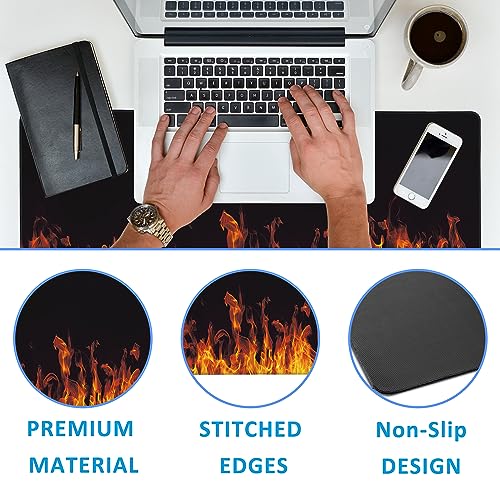 Fire Flames Large Gaming Mouse Pad,Waterproof Desk Mat for Desktop,Non-Slip Rubber Base Mousepad with Stitched Edges for Laptop Office and Home 35.4X15.7 Inch - color: Fire Flames