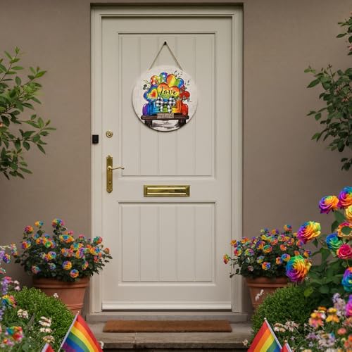Smile Pride Month Love Welcome Rainbow Truck Round Wooden Door Sign Indoor & Outdoor Decorative Plaque LGBTQ+ Home, Porch & Patio Decor Gay Pride - style: Truck LGBT