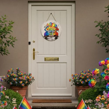Smile Pride Month Love Welcome Rainbow Truck Round Wooden Door Sign Indoor & Outdoor Decorative Plaque LGBTQ+ Home, Porch & Patio Decor Gay Pride - style: Truck LGBT