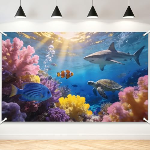 Under The Sea Backdrop Ocean Underwater World Photo Background 5.9×3.6ft Colorful Fish Coral Photo Booth Props Banner Supplies Ocean Animal Theme Family Party Decorations - color: sea blue