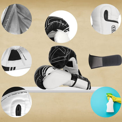 Boxing Gloves & Muay Thai Shin Guards for Men and Women, MMA Kickboxing Shin Pads Set, Adjustable Shin Guards with Instep Protection, Sparring & Martial Arts Training Gear - color: White-Black, size: 12 oz