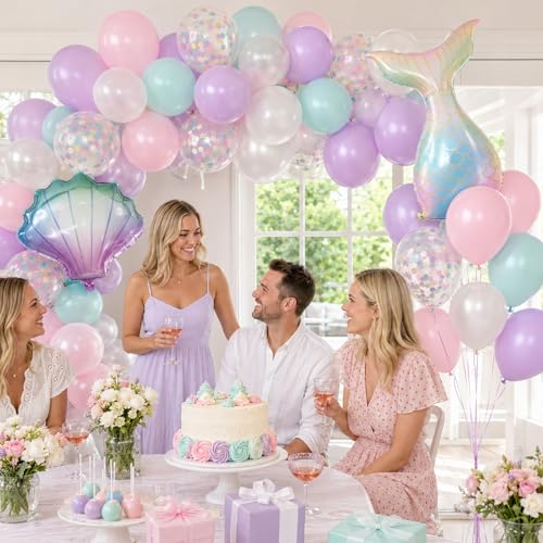 Mermaid Balloons, 12 Inch Pink Purple Balloons with Seashell Foil Balloons - color: Pink, size: 30PC