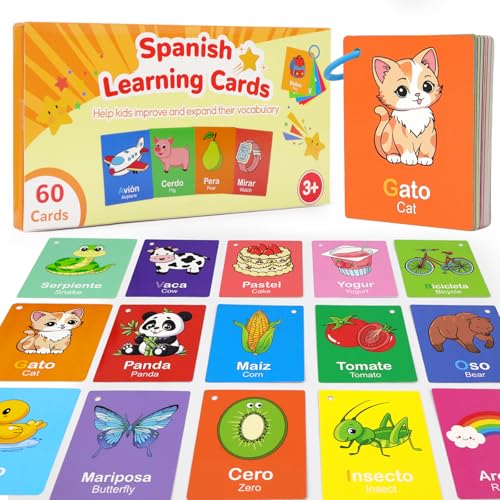 Toddler Spanish Learning Flash Cards, 60 PCS Double Sides Bilingual Flashcards for Numbers, Colors, Shapes, Sight Words, Learn Spanish for Kids, Preschool Kindergarten Learning Activities - style: Spanish Learning Cards