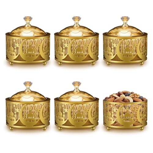 Pinkunn 6 Pack Ramadan Serving Trays with Lids Gold Eid Mubarak Trays Plates Ramadan Home Decor Moon Star Candy Dish Dessert Storage Organizer for Iftar Islamic Muslim Party, 3.5 Inch(Novelty) - style: Novelty