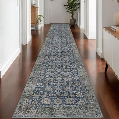 KOZYFLY Vintage Washable Rug Runner 2.6x16 Hallway Rug Runner Blue - color: Blue, size: 2'8" x 16' (Runner)