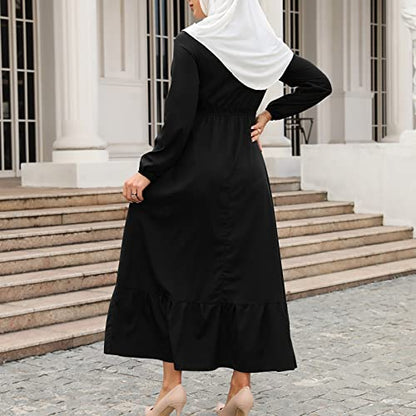 Ctreela Muslim Abaya Dress for Women Long Sleeve Tunic Islamic Prayer Dress Abaya Kaftan Dubai Dress Middle East Clothes - color: Black, size: Large