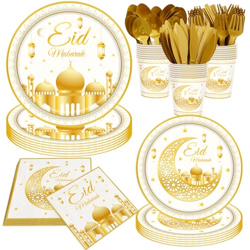 140Pcs Ramadan Eid Mubarak Party Supplies Tableware Set Eid Mubarak Plates and Napkins White Gold Party Plates For Ramadan Party Decorations, Serve 20 Guest