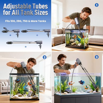 Cordless Aquarium Gravel Cleaner: 36W Electric Fish Tank Vacuum Cleaner | Rechargeable & 4 Adjustable Suction, Anti-Clog for Debris Clean & Sand Washing,Automatic Water Changer for 10-75 Gallon Tank