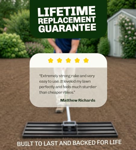 Gardease Lawn Leveling Rake, 30" x 10", Heavy Duty Steel Lawn Leveler | 2mm reinforced steel resists bending. Powder-coated rust protection. Easy 3-piece assembly. Lifetime replacement guarantee.