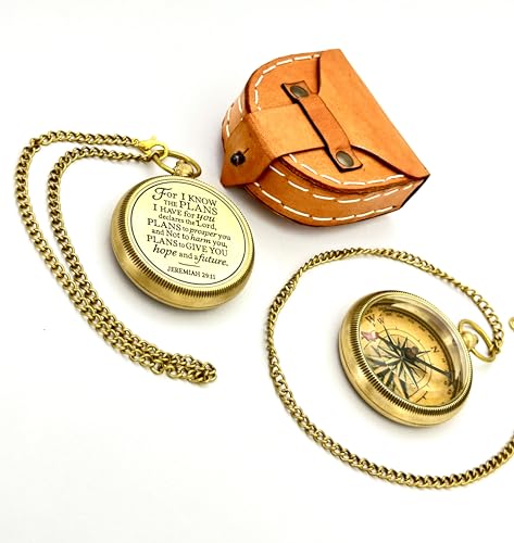 GeekGifts Jeremiah 29:11 Engraved Brass Compass Model GG0455 College Graduation Gift For Him 2026 Dad Son Men Christian Baptism First Communion Keepsake With Leather Case