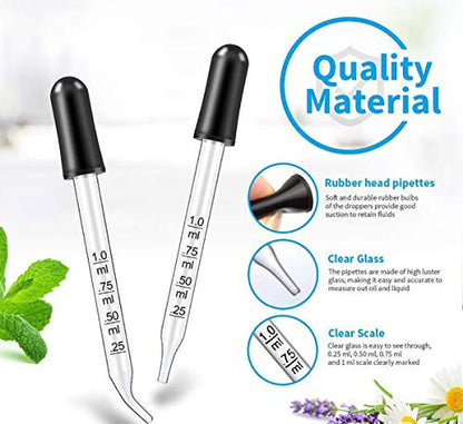 Eye Droppers for Essential Oils, Pipettes Dropper with Black Rubber Head, Calibrated Thick Glass Medicine Dropping Pipettes, 1ml Droppers Measurer, Dropper for Liquids, Straight-Tip, 5 Packs