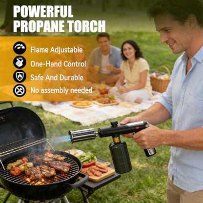 Propane Torch Gun with One-Touch Max Fire, Powerful Handheld Cooking Blow Torch with a Safety Lock for Sous Vide Searing Steak, Grill, Charcoal Starter, Campfire, Weeding, Tank Not Included (Black) - color: Black