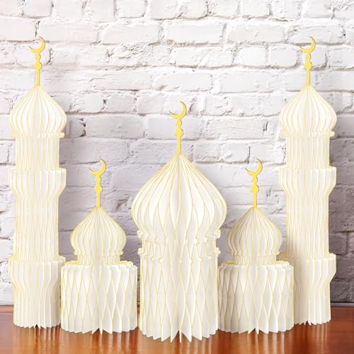 MotiMind 5 PCS Ramadan Party Decorations Ramadan 3D Honeycomb Centerpiece Eid Mubarak Centerpieces Islamic Table Decoration for Home Office Party Supplies(White) - color: White