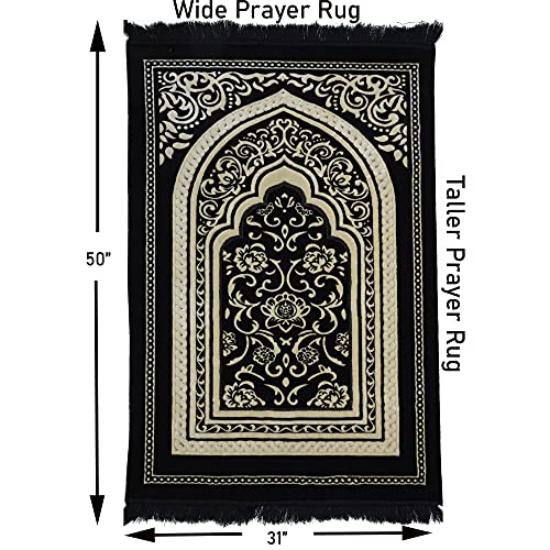 Modefa Turkish Islamic Velvet Prayer Rug - Thick Wide Soft Prayer Carpet - Men & Women - Large Prayer Mat - Eid & Ramadan Gift - with Kufi Cap Beads & Car Hanger - Double Plush Floral Black - color: Floral Arch - Black