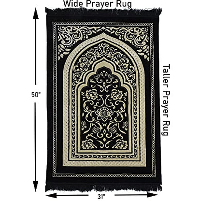 Modefa Turkish Islamic Velvet Prayer Rug - Thick Wide Soft Prayer Carpet - Men & Women - Large Prayer Mat - Eid & Ramadan Gift - with Kufi Cap Beads & Car Hanger - Double Plush Floral Black - color: Floral Arch - Black