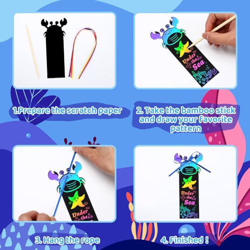 JUNEBRUSHS 30Pcs Ocean Crafts, Rainbow Magic Ocean Animals Scratch Bookmarks Under The Sea Party Favors Games for Activities Summer Arts and Crafts - style: Ocean Style