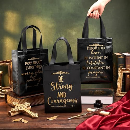 Aliceset 64 Pcs Christian Gift Bags Bulk with Handles for Church Favors Reusable Medium Bible Verse Religious Gift Bags Non Woven Welcome Totes for Baptism Vacation Bible School Gifts (Black) - color: Black