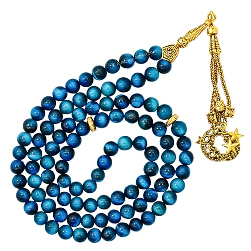Amazing Gemstone Crystal Tasbeeh with Moon and Star Charm - Certified Crystal Muslim Prayer Beads Natural Gemstone Tasbih Gift for Ramadan Dhikr and Daily Namaz (G) - color: Light Blue Tiger Eye