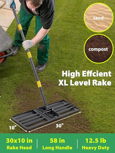 Lawn Leveling Rake Heavy Duty, 30x10 in Large Soil Leveling Rake, Ground Leveler with Anti Flipping Smooth Edge for Dirt Sand Grass Golf, 58" Long Handle, Foldable Garden Landscaping Levelawn Tools - size: 30"x10" , 5 ft