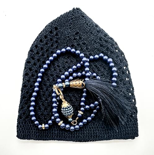 ESERRA Kufi Hats for Men and Women with 99 Tasbih Prayer Beads, Muslim Thick Breathable Skull Cap, Tasbeeh, Prayer Cap - color: Navy Blue